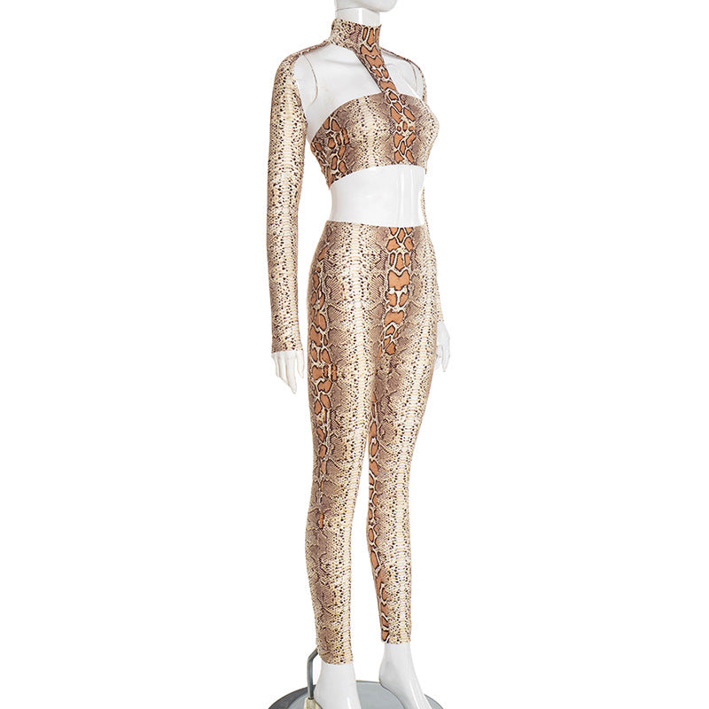 MB10129 Women's Snake Print Cutout Crop Top & Leggings Two Piece Set