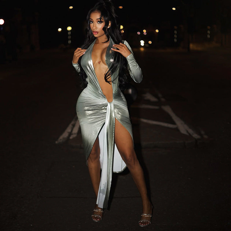 MB1045 Deep V Plunging Slit Maxi Dress