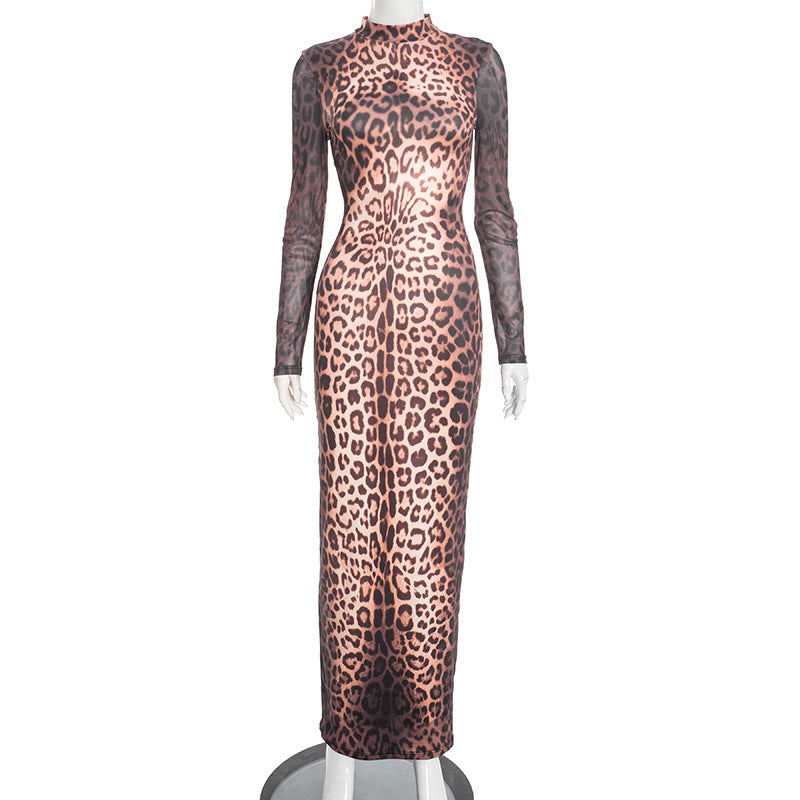 MB1436 Leopard Print Sheer Turtleneck Maxi Dress