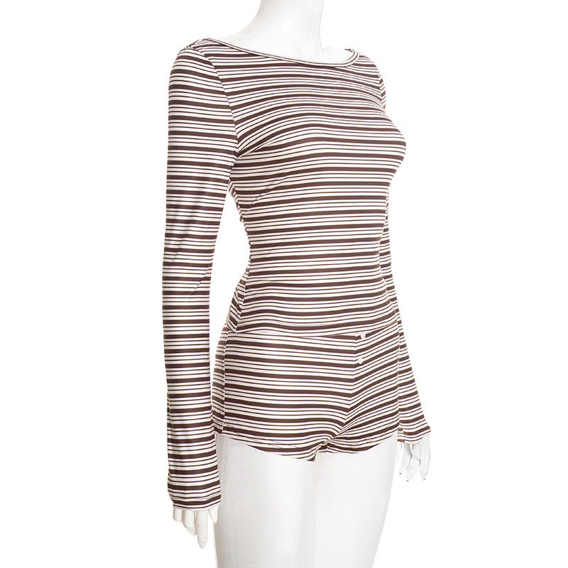 MB1428 Striped 2-Piece Set: Long Sleeve Top + High-Waisted Shorts