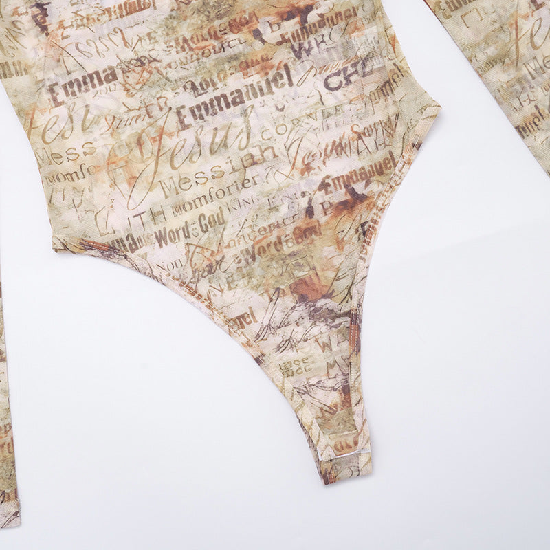 MB10124 Vintage Text Print Sheer Mesh Two Piece Set - Bodysuit & Skinny Pants