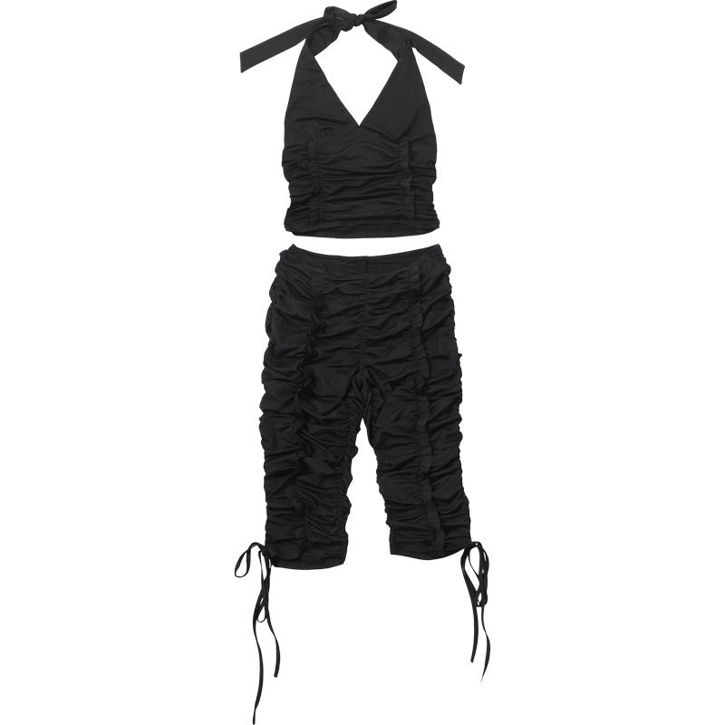 MB1821 Halter Ruched Crop Top & Capri Pants 2 Piece Set