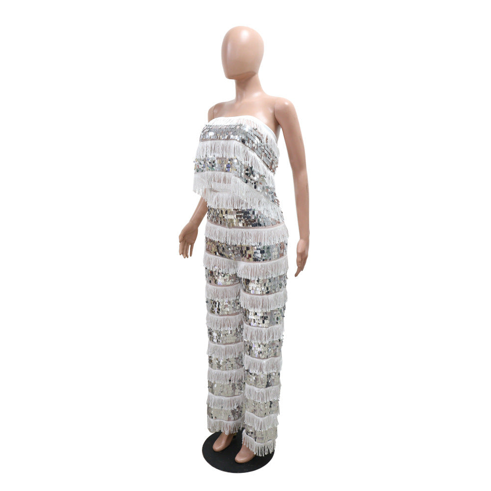 MB1222 Sequin Fringe Top & Wide Leg Pants Two Piece Set