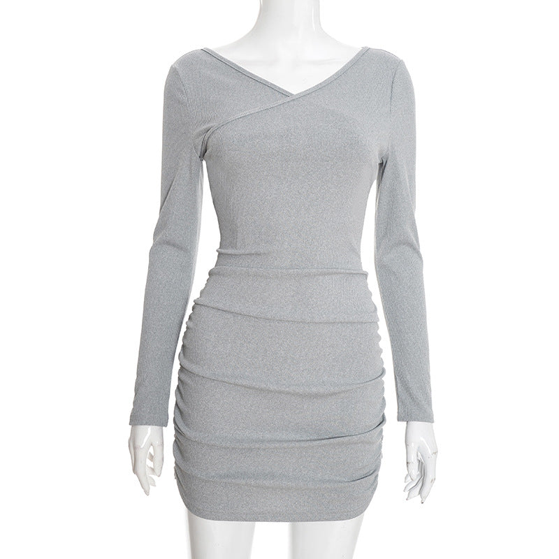 MB1413 Gray Long Sleeve Bodycon Mini Dress for Women