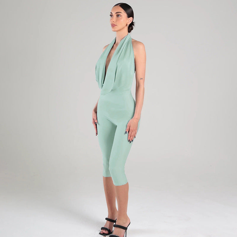 MB10154 Women's Halter Neck Deep V Cowl Front Capri Jumpsuit