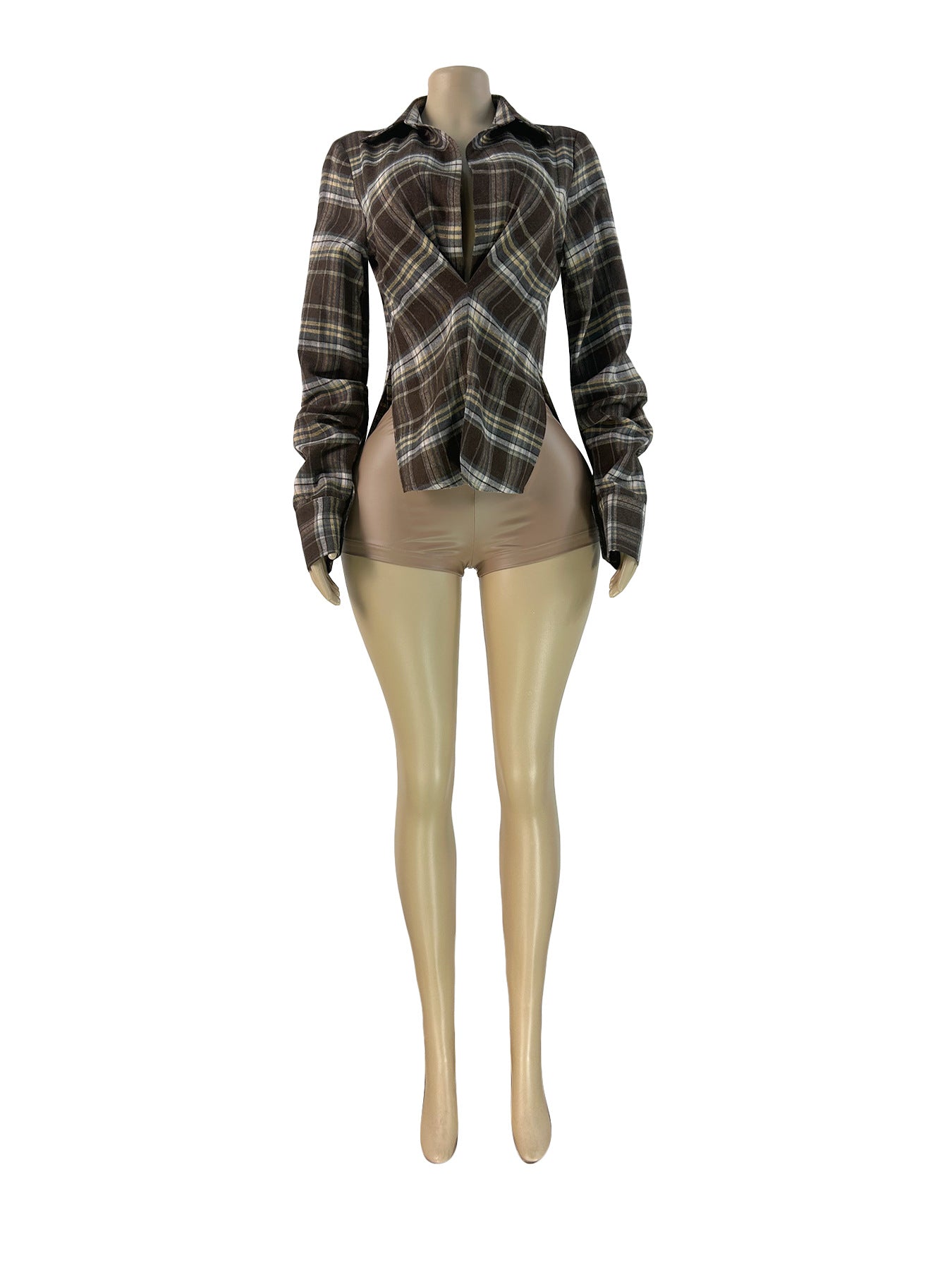 MB1718 Women’s Plaid Deep V-Neck Long Sleeve Shirt