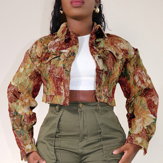 MB10105 Vintage Floral Jacquard Crop Collared Jacket