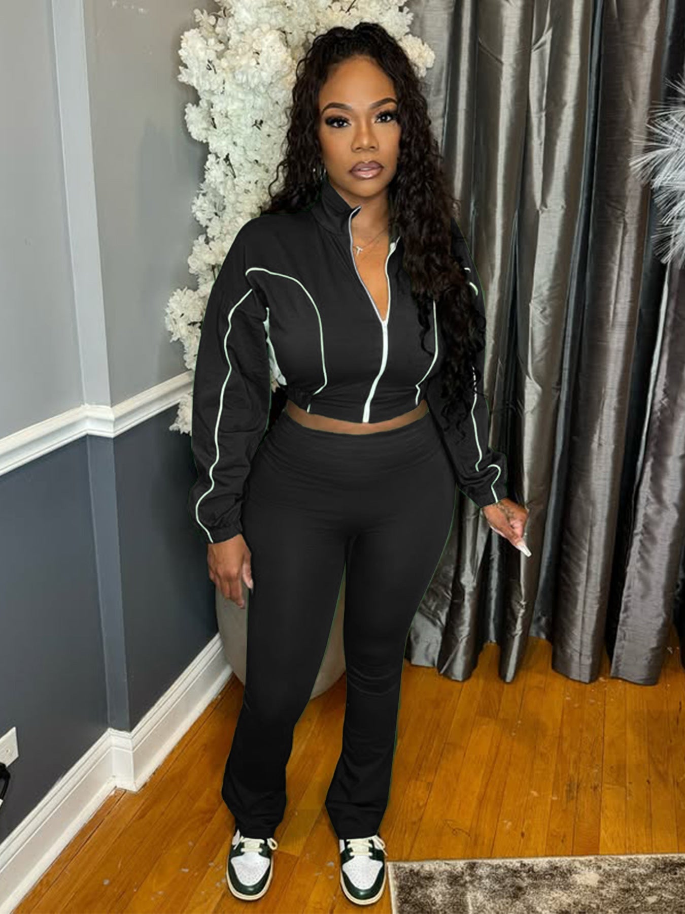 MB1715 Women's Cropped Track Jacket & High-Waisted Pants Two-Piece Set