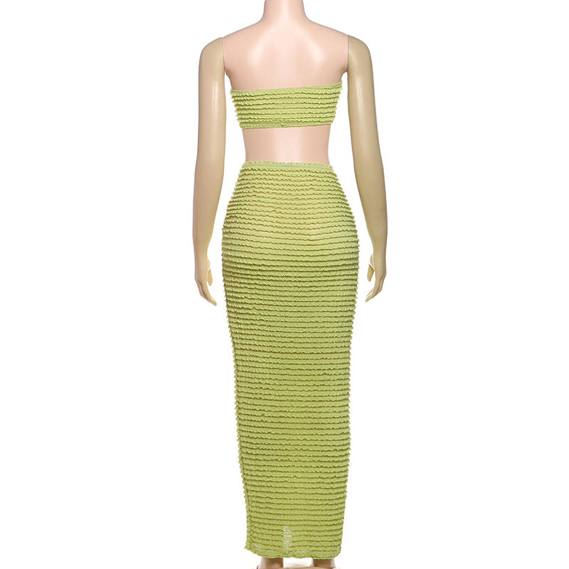 MB1835 Women's Ruched Knit Wrap Front Two Piece Maxi Skirt Set