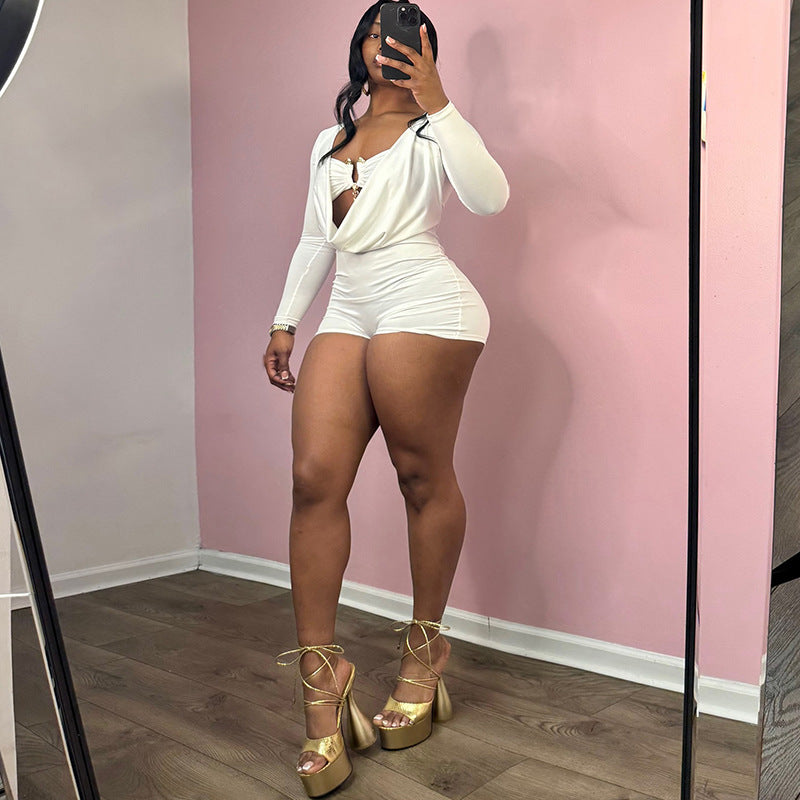 MB1501 Deep V Ruched Long Sleeve Romper