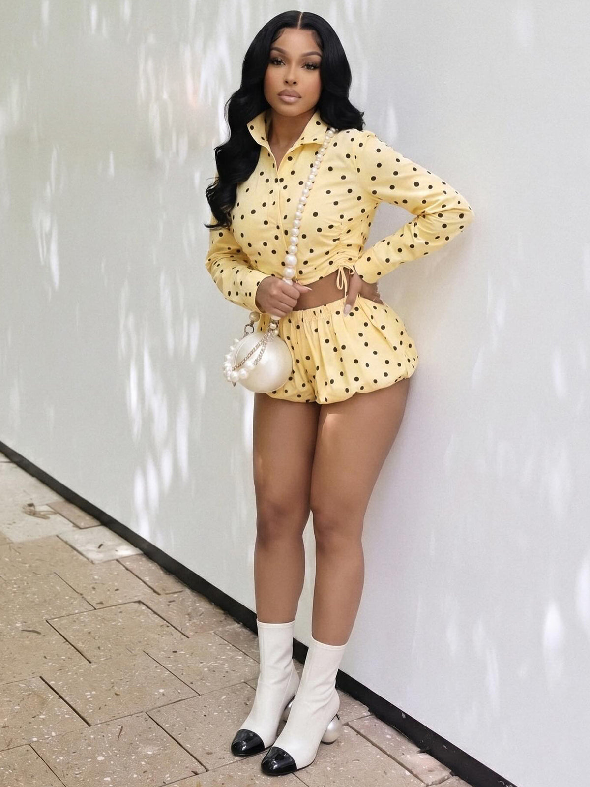 MB1730 Polka‑Dot Ruched Crop Shirt & Puffy Shorts 2‑Piece Set
