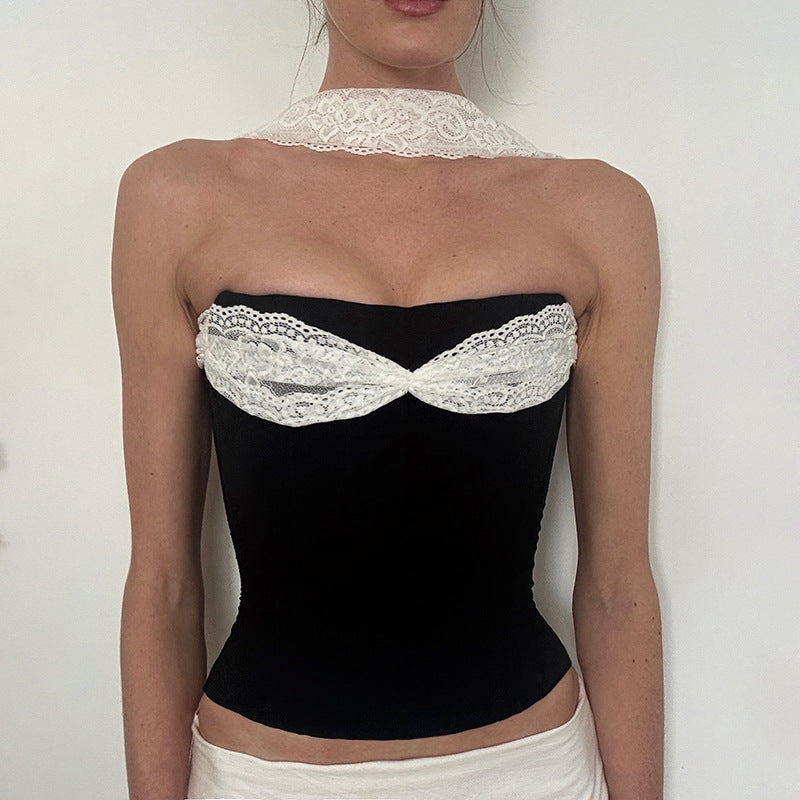 MB1532 Women's Black Strapless Fitted Crop Top with White Lace