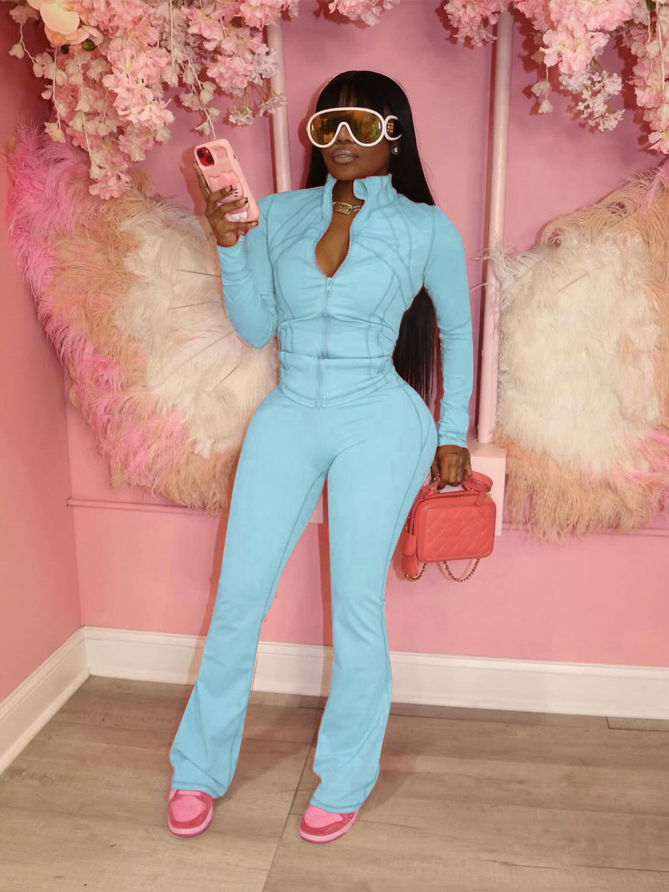 MB1709 Bodycon Long Sleeve Jacket & Flared Leg Pants Two-Piece Set for Women