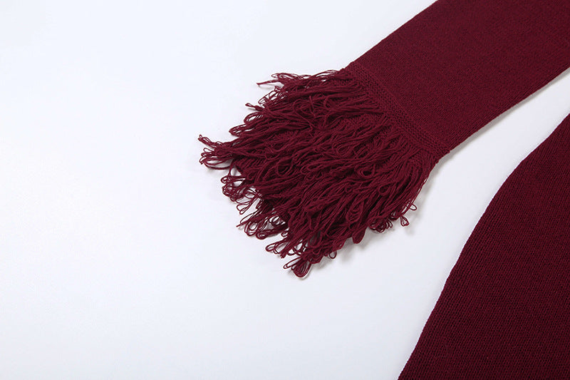 MB1806 Women's Burgundy Deep V Fringe Trim Ribbed Knit Midi Dress