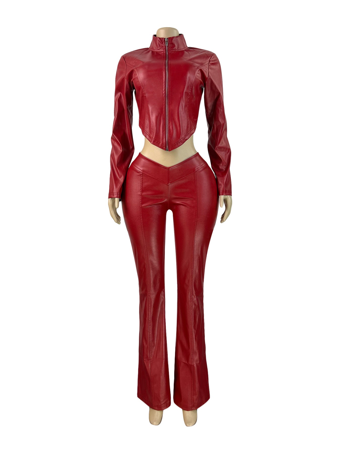 MB1704 Stretchy Leather Cropped Jacket & Flared Pants Two-Piece Set for Women