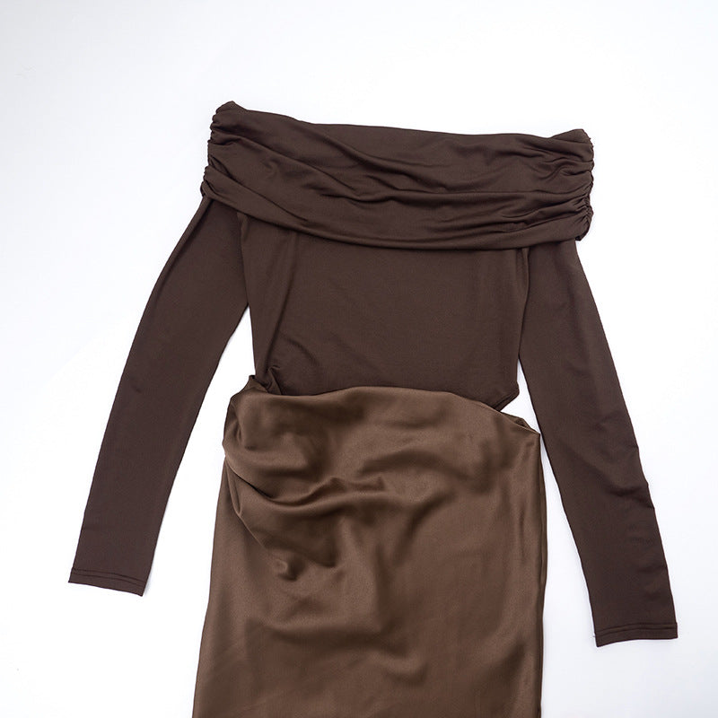 MB1416 Off-the-Shoulder Long Sleeve Satin Side Slit Maxi Dress