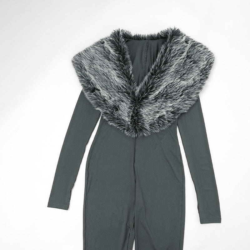 MB1065 Bodycon Jumpsuit with Faux Fur Collar & Footed Design