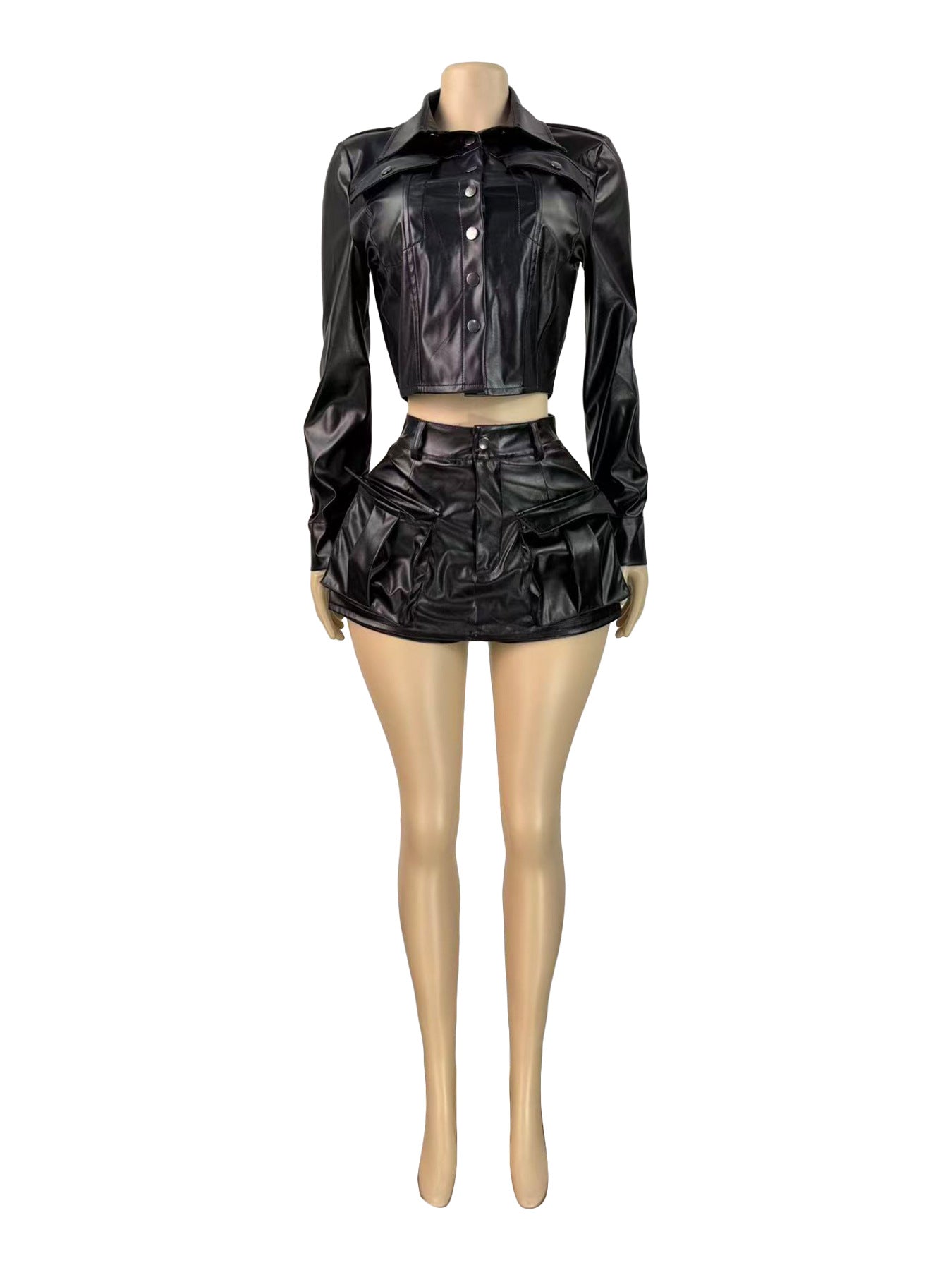 MB1708 Black Biker Style Leather Cropped Top & Cargo Skort for Women