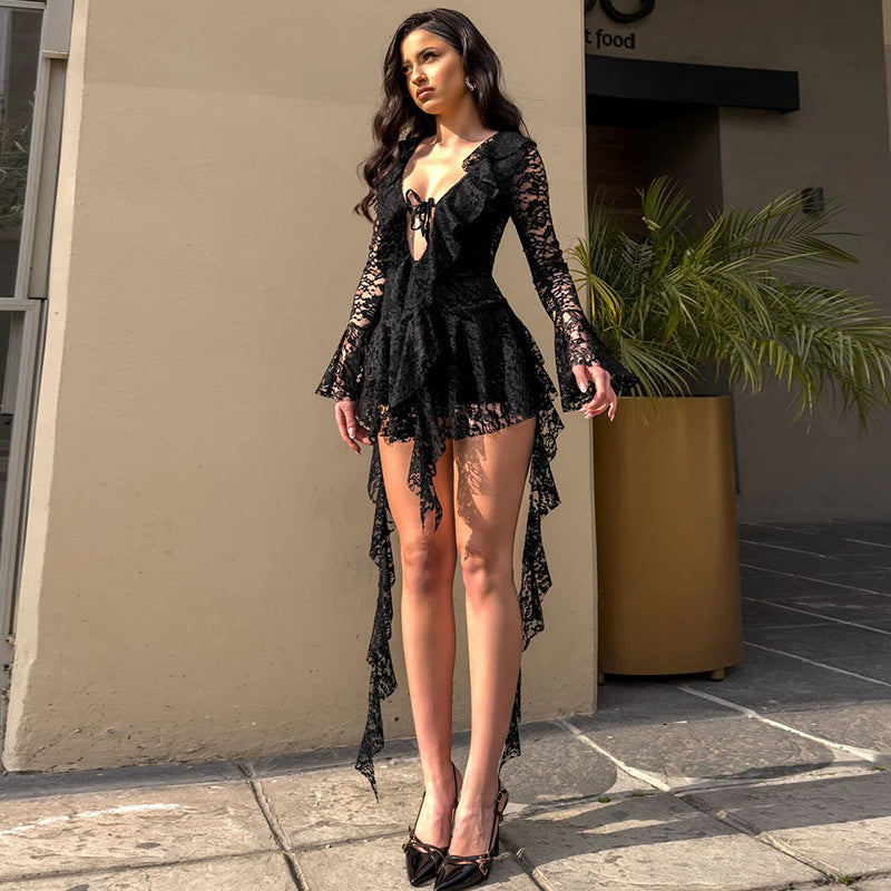 MB10118 Lace Dress with Bell Sleeves - Women's Party Outfit