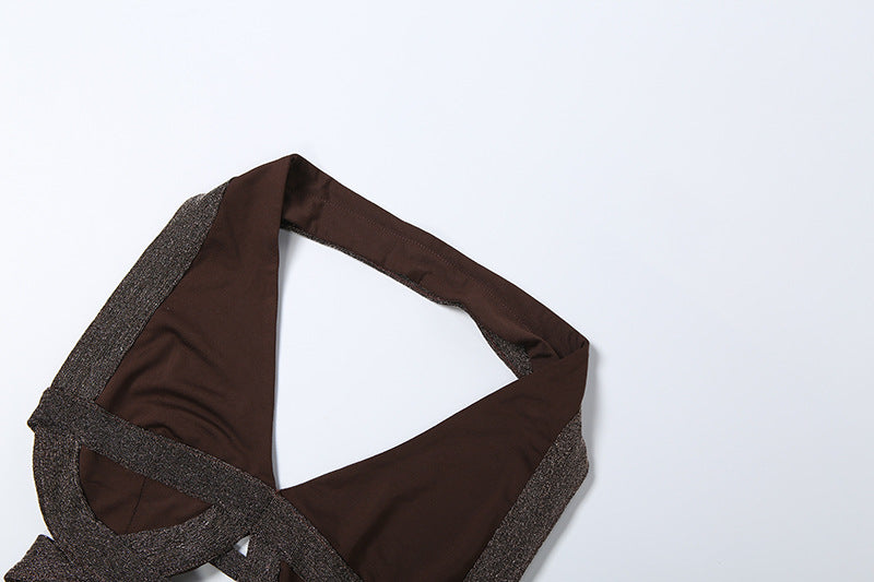 MB1159 Women's Brown Cut Out Crop Top with High Waisted Maxi Skirt 2 Piece Set