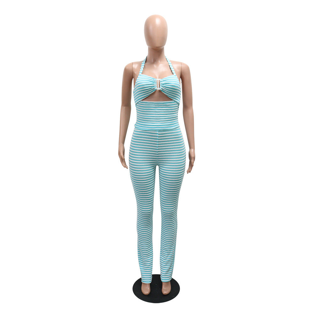 MB1220 Jacquard Stripe Crop Top & Wide Leg Pants Two Piece Set