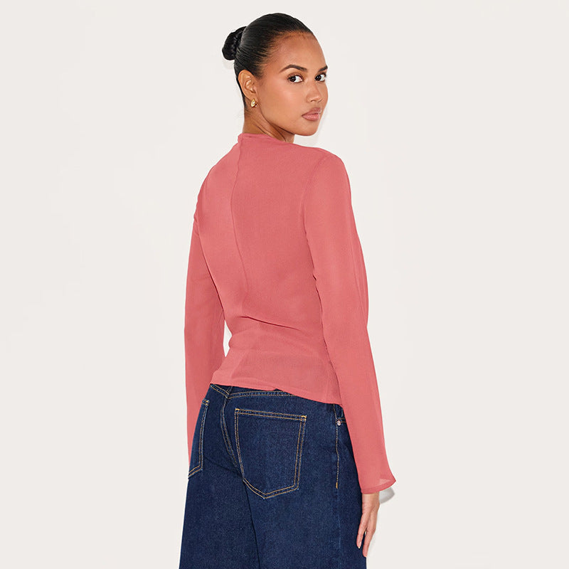 MB10104 Deep V-Neck Chiffon Long Sleeve Blouse for Women