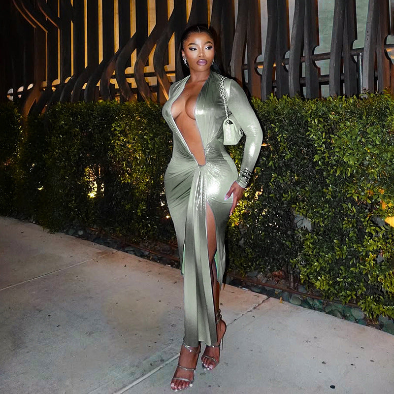 MB1045 Deep V Plunging Slit Maxi Dress