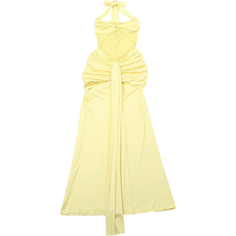 MB1816 Women's Sheer Mesh Halter Ruched Mermaid Maxi Dress