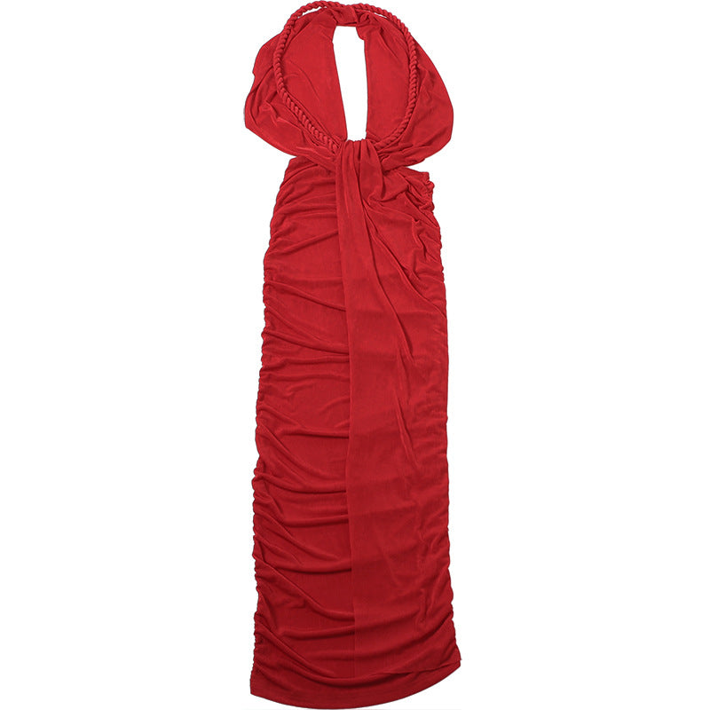 MB1533 Women's Halter Neck Ruched Maxi Dress