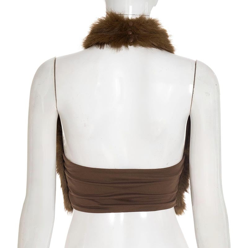 MB1092 Faux Fur Halter Backless Crop Top for Women