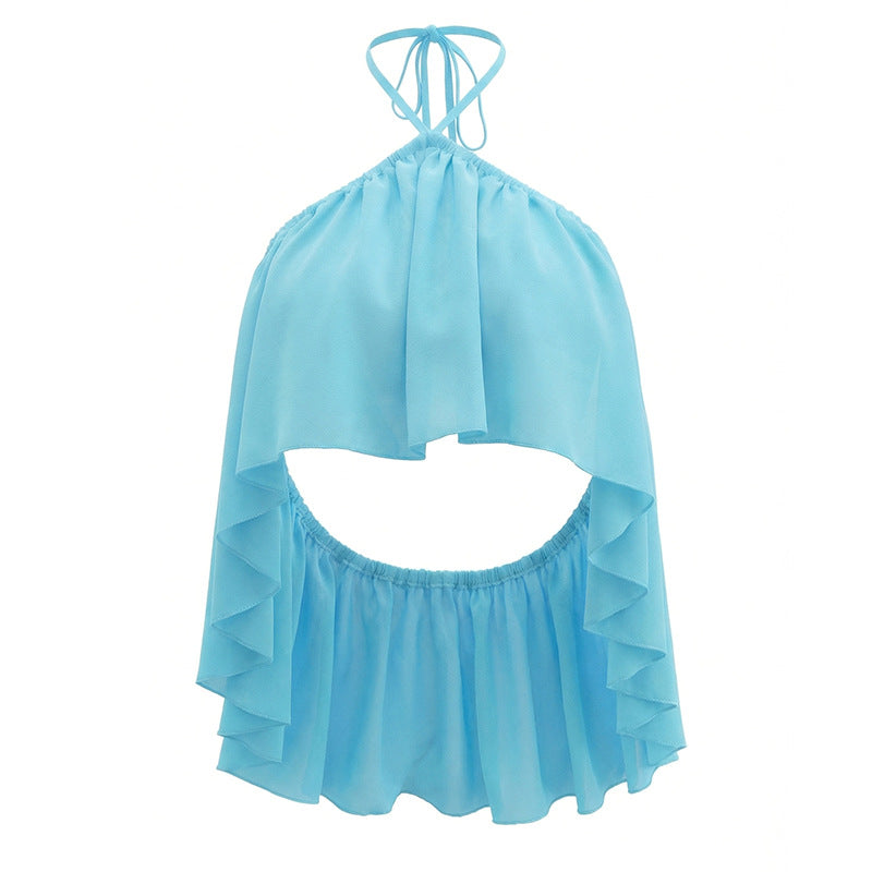 MB10162 Ruffle Halter Two-Piece Set – Backless Crop Top & Ruffle Shorts