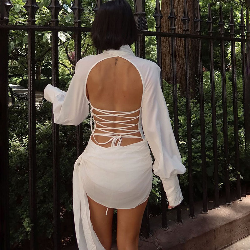 MB1111 White Sheer Mesh Lace-Up Back Mini Dress