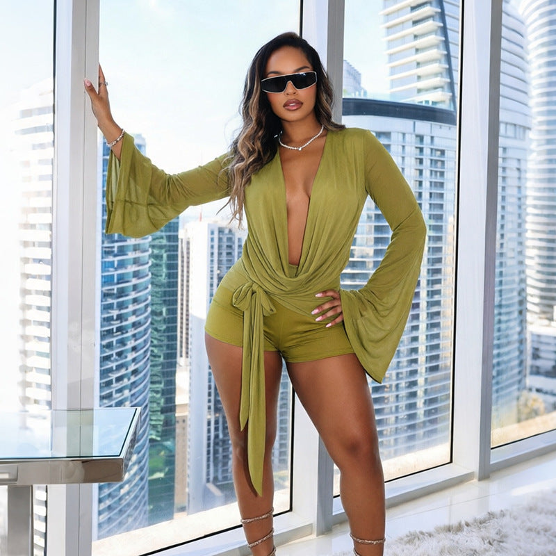 MB10195 Women Mesh Flare‑Sleeve Romper
