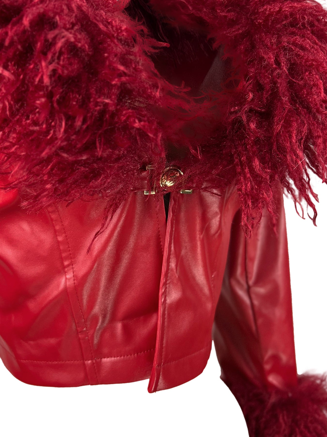 MB1707 Feather Collar & Cuff Trim Cropped Leather Zipper Jacket for Women