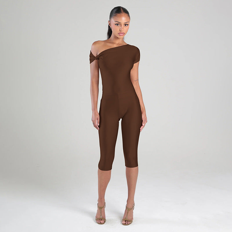 MB10155 Women's One Shoulder Crop Top with Capri Pants 2 Piece Set