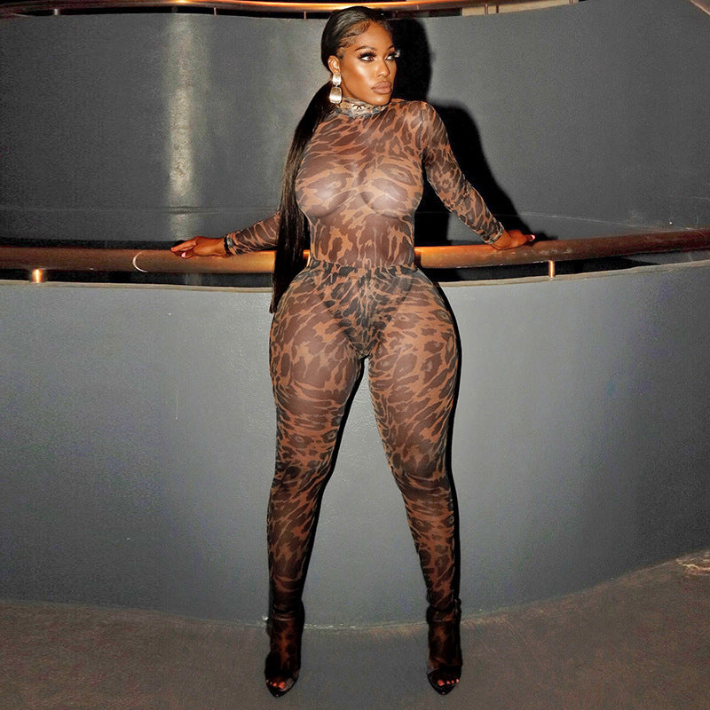 MB1060 Leopard Mesh Jumpsuit & Leggings Two-Piece Set for Women