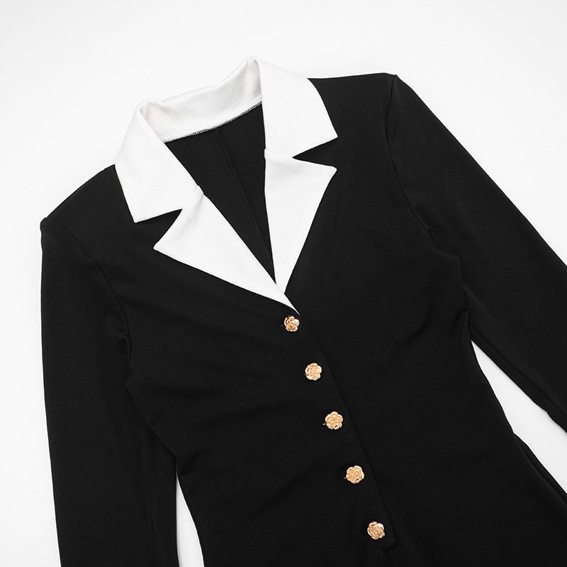 MB10132 Women's Black & White Contrast Collar Button Front Bodycon Romper