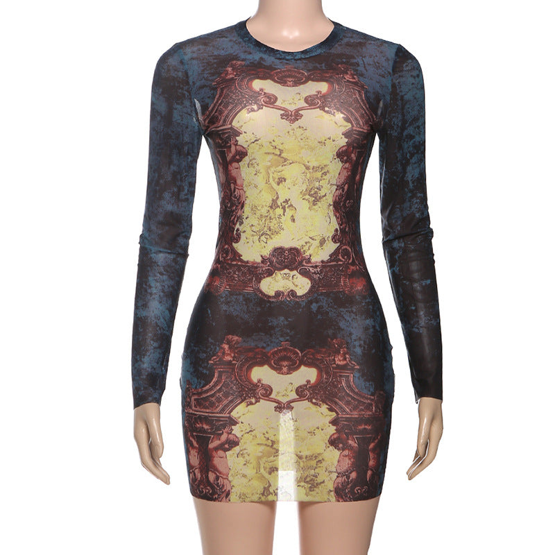 MB1139 Vintage Print Sheer Mesh Bodycon Mini Dress