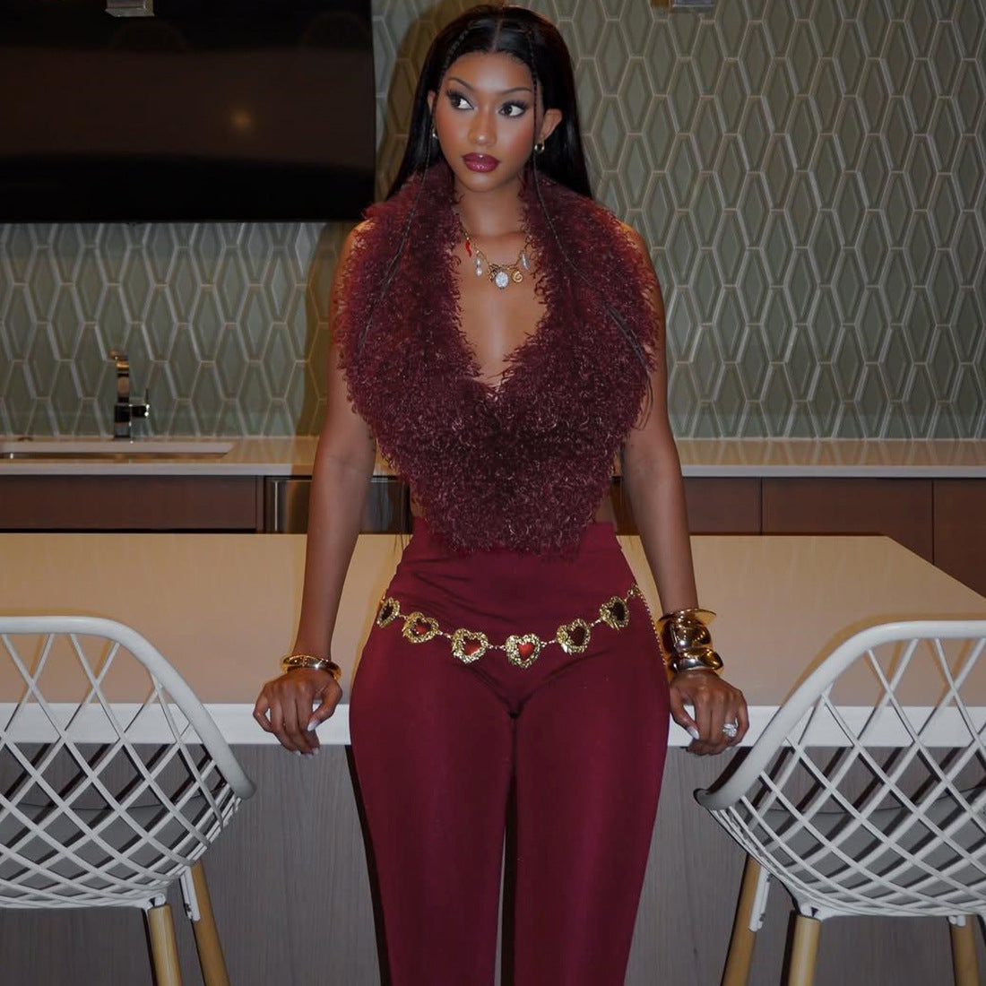 MB1801 Women's Faux Fur Trim Top & High Waist Leggings Two-Piece Outfit