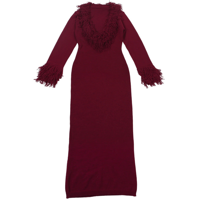 MB1806 Women's Burgundy Deep V Fringe Trim Ribbed Knit Midi Dress