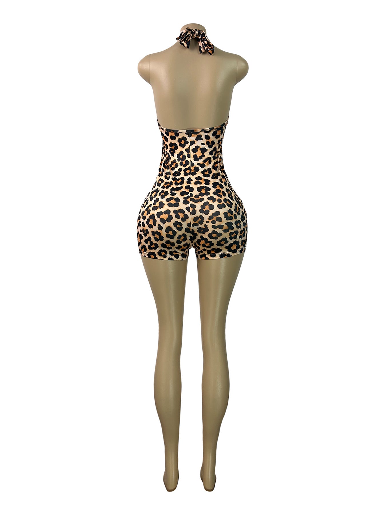 MB1729 Leopard Print Halter Neck Romper – Sexy Cutout Backless Bodycon Short Jumpsuit