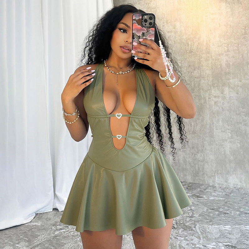 MB1085 Faux Leather Halter Dress Mini Dress for Women