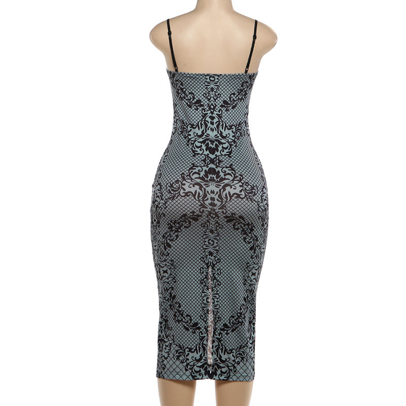 MB1836 Sexy Spaghetti Strap Backless Midi Dress | Vintage Damask Print Bodycon Dress