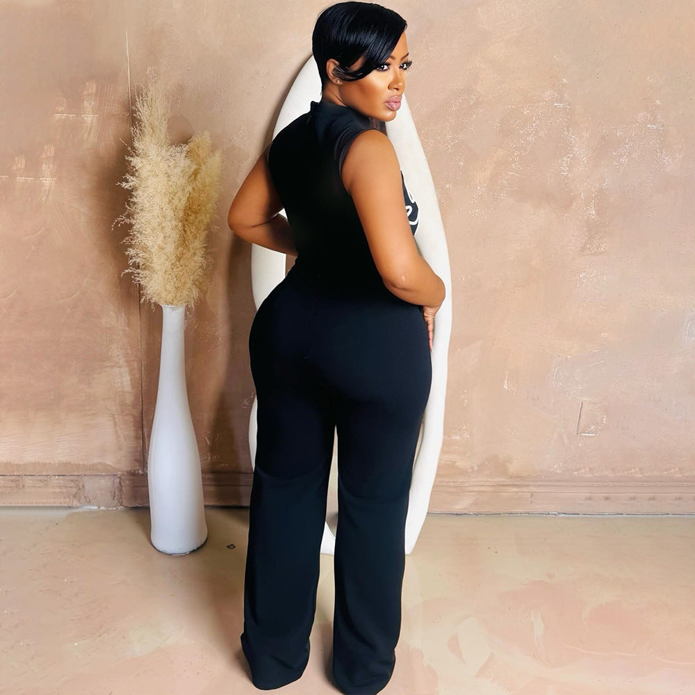 MB1224 Sleeveless High Neck Floral Embroidery Wide Leg Jumpsuit