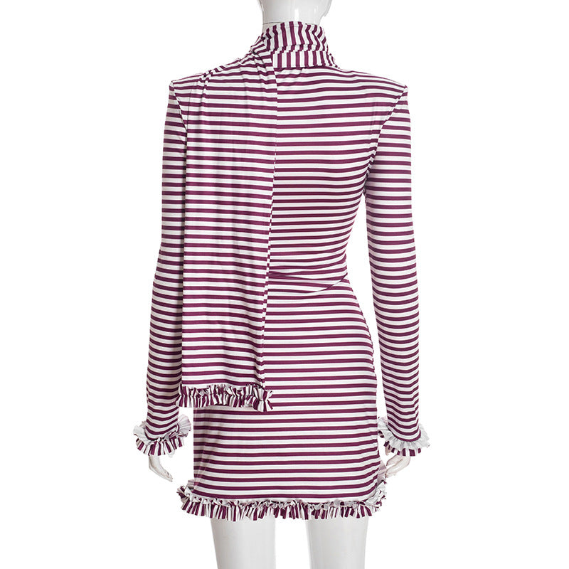 MB1433 Striped Turtleneck Mini Dress with Matching Scarf