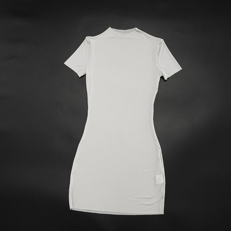 MB1464 Sheer Mesh Mock‑Neck Short‑Sleeve Bodycon Mini Dress