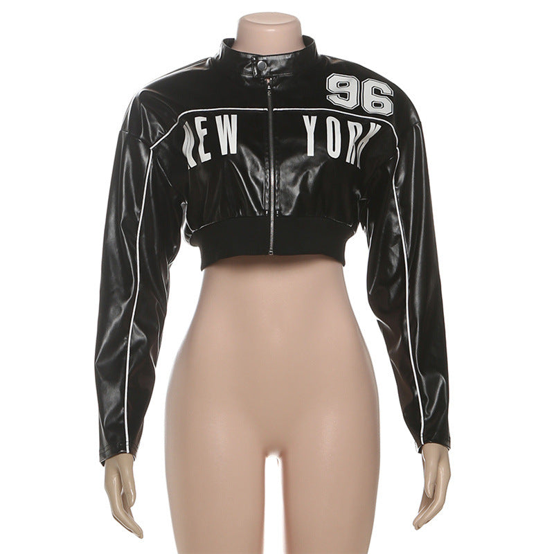 MB1106 Black Cropped PU Leather Bomber Jacket