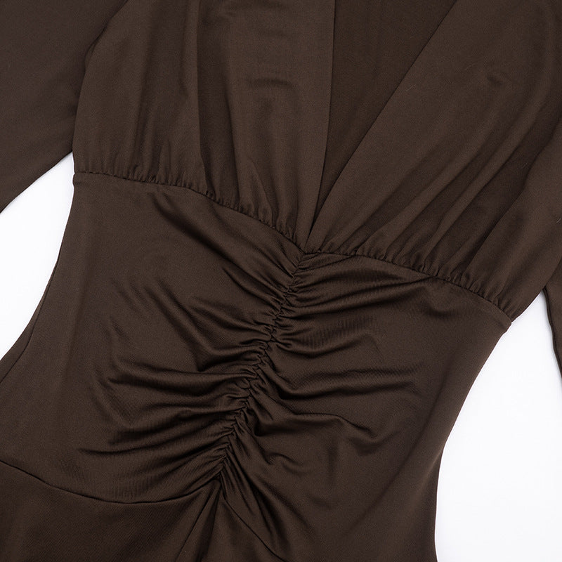 MB1446 Women's Brown V Neck Ruched Fit and Flare Dress