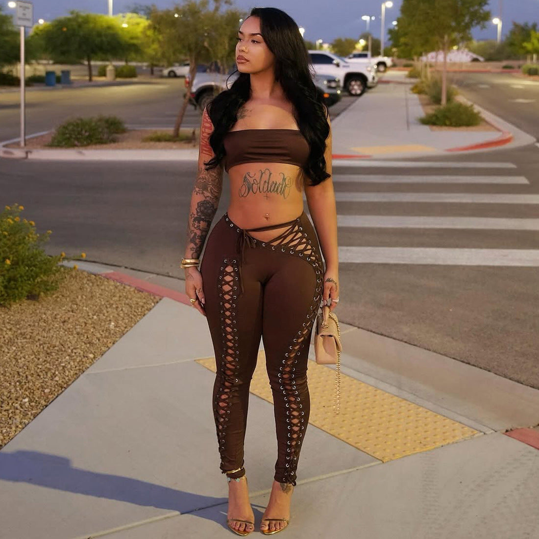 MB1807 Women's Nude Halter Bandeau Crop Top & Waist-Leg Lace-Up High-Waist Leggings Two-Piece Outfit