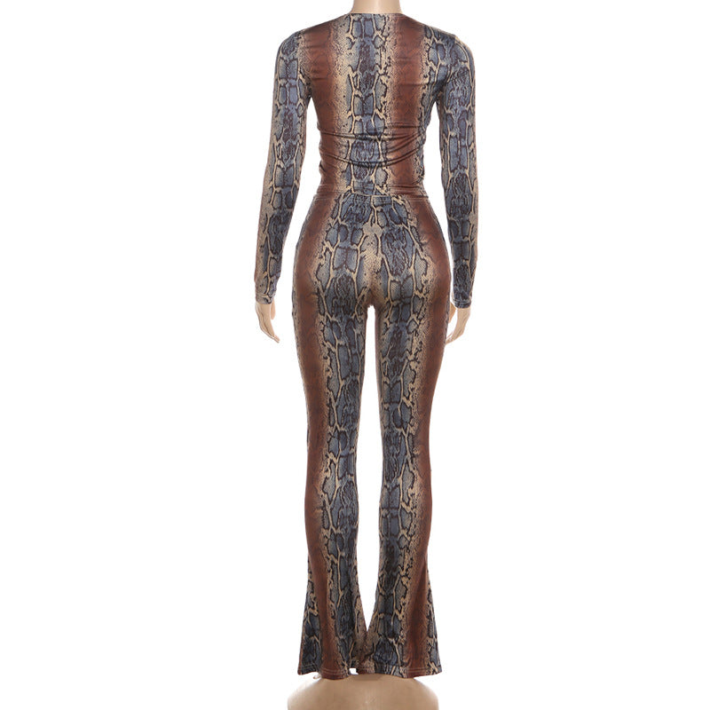 MB1144 Women's Snake Print Two Piece Set – Form-Fitting Top & Flared Pants